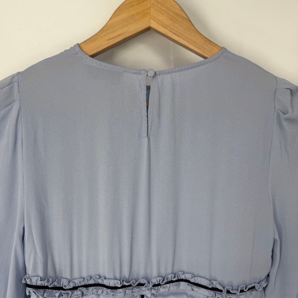 fleur du mal Love Bound Ruched Stretch Silk Top Ruffle Puff Sleeve Corset Blouse - Picture 7 of 12